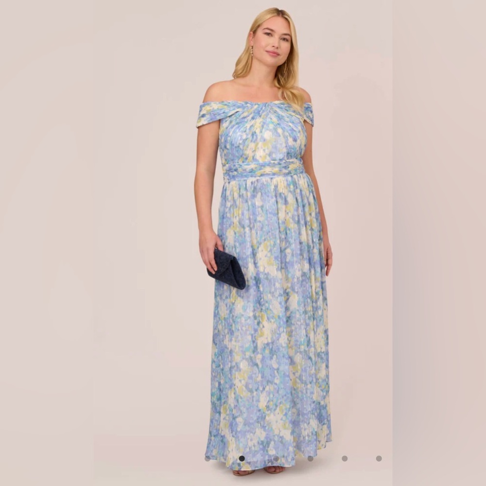 WATERCOLOR FLORAL PRINT GOWN WITH OFF THE SHOULDER NECKLINE IN BLUE MULTI